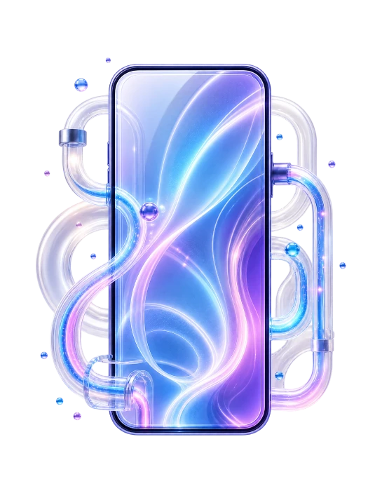 Celular 3D con la app de SAV3 rodeado de tubos de cristal luminosos